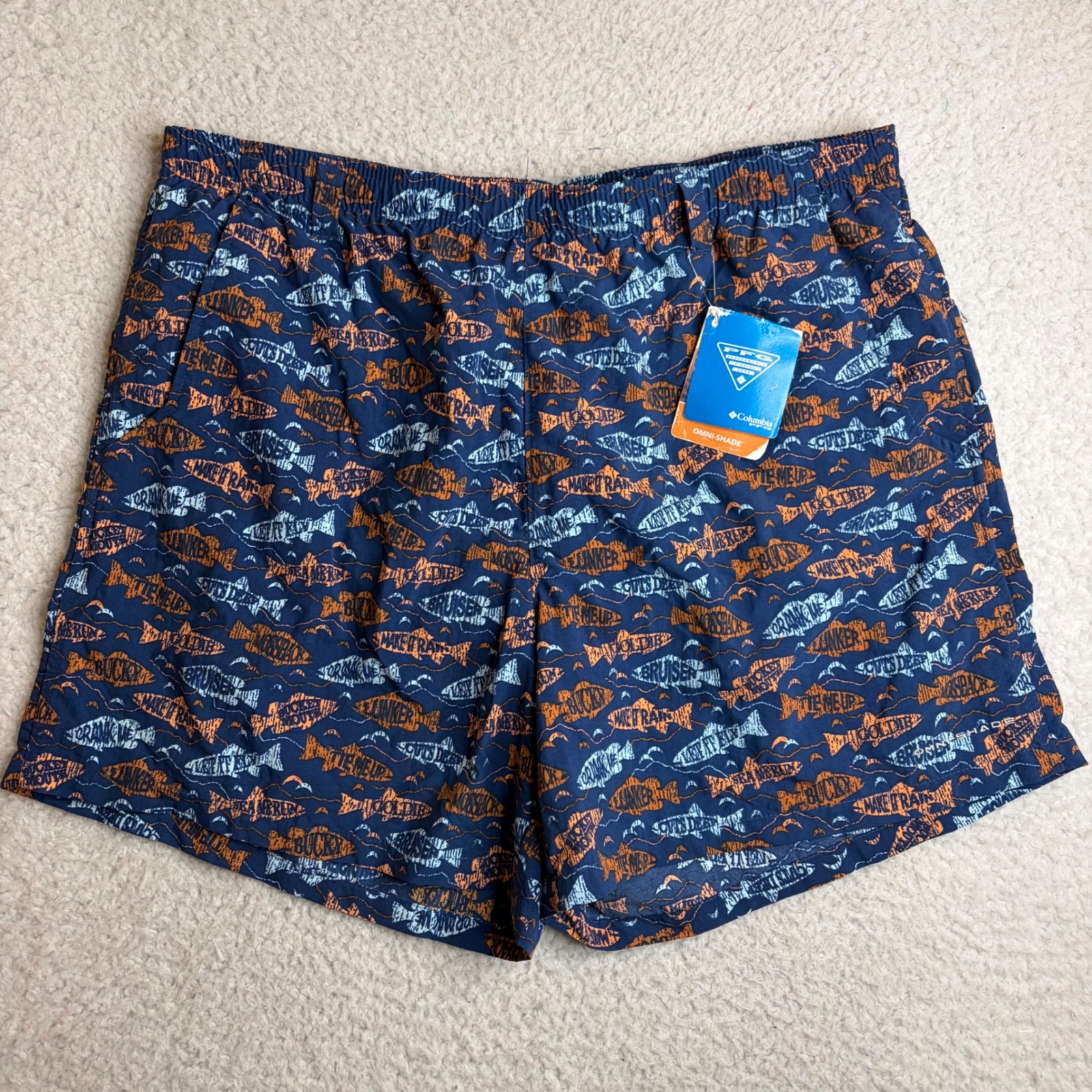 New Columbia Super Backcast Water Shorts Mens Xl Blue Fish Print Pfg Swim